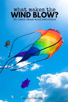 colorful kites flying in the sky with caption what makes the wind blow?