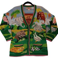 Light Snags Peeling. Great Vintage Condition. Ramie Blend Hand Crafted Cardigan. Multicolor Pink Trim. Biblical Animals. Size S. Please Check Measurements Pictured. Noah's Ark Animals, Noahs Ark Animals, Noah's Ark, Pink Trim, Noahs Ark, Womens Cardigan, Fitness Inspo, Hand Knitting, Sweater Cardigan