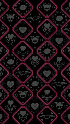 a black and pink wallpaper with hearts, bats and other things on the surface