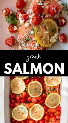 salmon with tomatoes and lemons in a white dish