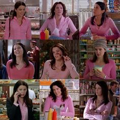 many different pictures of women in pink shirts talking on cell phones and eating at a table