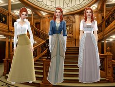 three women in long dresses are standing on the stairs and looking off to the side