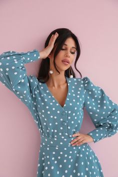 Polka Dot Midi Dress with Puffy Sleeves-baagr.myshopify.com-dress.-BOJONI Polka Dot Midi Dress, Dress With Puffy Sleeves, Puffy Dresses, Fabric Structure, Color Inspo, Puffy Sleeves, Summer Colors, Model Height, New Dress