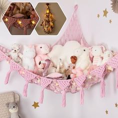 there are many stuffed animals in the pink hammock on the wall above the bed