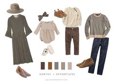 an assortment of clothes and shoes are shown in this image, with the caption earthy + effortless