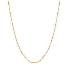 The Story This antique 14k gold watch chain, from circa 1900-1915, is sure to become a staple in your jewelry wardrobe. The design of the chain consists of 19 yellow gold bar links alternating with link sections. At 14.5 inches in length, it hits at the perfect spot for a short choker necklace. This piece lends itself to reinvention, you'll find yourself wearing it year-after-year, in new ways. You can wear it with the clasp in the back, having just the classic links at front. It looks great on Timeless Chain Necklace With Delicate Rectangular Links, Classic Gold Station Necklace With Cable Chain, Classic Link Satellite Chain Necklace, Classic Satellite Chain Link Necklace, Classic Satellite Chain Necklace, Classic 14k Gold Station Necklace, Classic Yellow Gold Station Necklace With Delicate Chain, Timeless Figaro Chain Necklace, Classic Chain Necklace With Rectangular Links