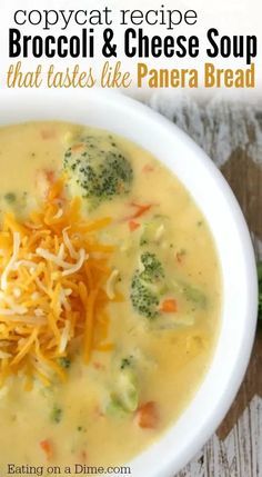 broccoli and cheese soup that tastes like panera bread in a white bowl