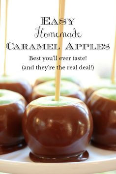 caramel apples on a white plate with the words easy homemade caramel apples