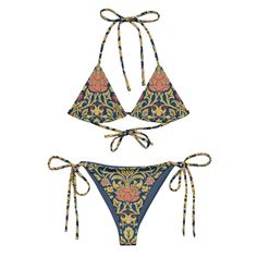 Stay comfortable and stylish all summer with this All-Over Print Recycled String Bikini set. It's made from soft recycled polyester with double-layering and UPF 50+. Style the straps how you like and get ready to swim!  * Soft and stretchy material with UPF 50+ * Sizes up to 6XL * Bikini top comes with removable padding for comfort * Multiple ways to tie and style the bikini set Disclaimers:  * Due to the 2-layered construction and internal stitching, a visible stitch may appear in the crotch seam of the bikini bottom. This is a normal part of the manufacturing process and does not impact the quality or performance of the product. * To make your All-Over Print Recycled String Bikini last longer, thoroughly rinse it off after each use and get rid of any chlorine/salt residue. Bohemian Printed Swimwear For Vacation, Printed Tie-side Swimwear For Vacation, Printed Triangle Top Swimwear For Beach, Printed Triangle Top Swimwear For Vacation, Printed Tie-side Bottom Swimwear, Adjustable Printed Swimwear For Poolside, Bohemian Printed Swimwear For Beach Season, Adjustable Printed Swimwear For Pool, Adjustable Printed Swimwear For The Pool