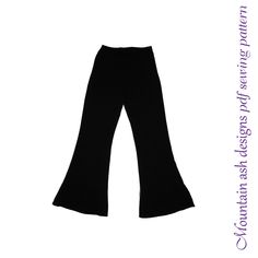 black bell bottom pants on white background with purple text that says women's clothing