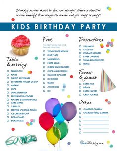 a birthday party checklist with balloons and confetti on it's side