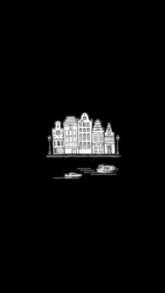 a black and white drawing of buildings on the water