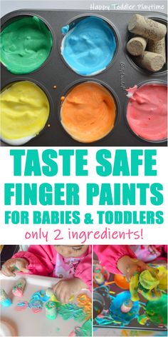 the instructions for how to make finger paints for babies and toddlers with 2 ingredients