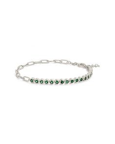 Totally steal the show at your next outing with this Emerald Chain Bracelet! This unique tennis bracelet style is sure to turn heads with its chain and brilliant emerald stones. Everyone will be green with envy! Materials: 14K gold or rhodium plated brass, cubic zirconia Features: Measures 7" with 1" extender, 0.15" width, 2mm CZ stones, Lead & Nickel free, lobster clasp Green Bracelet With Adjustable Chain, Green Bracelets With Adjustable Chain, Formal Green Jubilee Chain Bracelet, Green Chain Bracelet For May Birthstone, Emerald Chain, Solid Gold Bracelet, Tennis Chain, Bracelet Style, Statement Drop Earrings