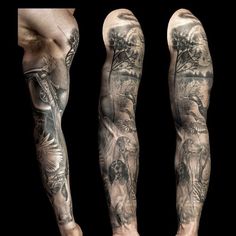 two men's legs with tattoos on them, one is covered in black and white ink