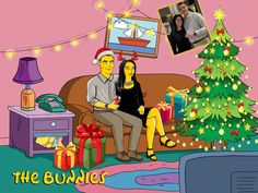 a man and woman sitting on a couch in front of a christmas tree