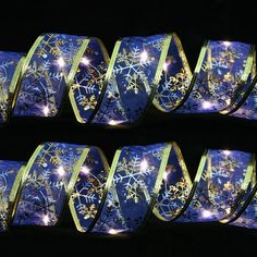 blue and gold christmas ribbon with snowflakes on it, set of 6 rolls