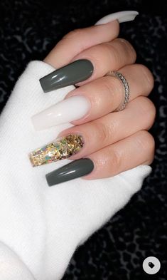 Long Acrylic Nails Green And Gold, Back And Yellow Nails, Olive Green Fall Nails Acrylic, Long Coffin Fall Nails, November Nails Designs Fall Green, Fall Birthday Nails Coffin, White Fall Nail Designs, Coffin Nail Ideas Green, Green Fall Acrylic Nails