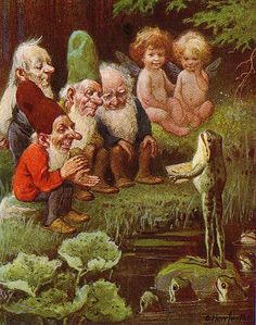 an image of a woman sitting on the ground surrounded by gnomes and other people