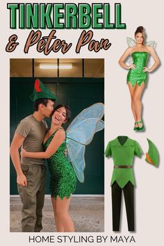 peter pan and tinkerbell couples costume Peter Pan Couple Costume, Disney Couples Costumes, Tinkerbell And Peter Pan, Best Couple Halloween Costumes, Disfraz Peter Pan, Peter Pan Halloween Costumes, Peter Pan Halloween, Easy Couple Halloween Costumes