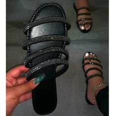 Starry Night Four Strap Diamond Embellished Black Sandals. Style#00099 True Size Fancy Sandals, Pretty Sandals, Fashion Shoes Flats, Classy Shoes, Fashion Slippers, Fancy Shoes, Girly Shoes, Cute Sandals, Fashion Sandals