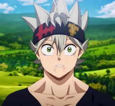 an anime character with spiked hair and green eyes looks at the camera while standing in front of a landscape