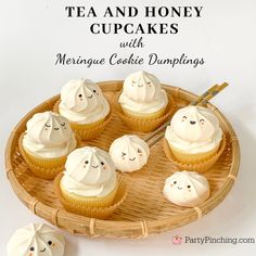 tea and honey cupcakes with meringue cookie dumplings on a bamboo tray