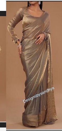 Full Hands Blouse Designs For Saree, Sabyasachi Sarees Classy, Gold Organza Saree, Blouse Sabyasachi, Long Blouse Saree, Full Sleeves Blouse Designs, Shimmer Saree, Saree Ready To Wear, Cultural Clothes