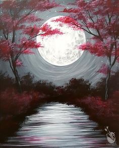 an acrylic painting of a river and trees with the moon in the background