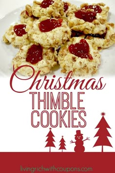 christmas cookies on a plate with the words, christmas thimble cookies