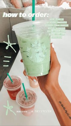 two starbucks drinks are being held up by someone's hand with the words how to order written on them