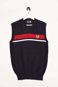 "Sergio Tacchini vest in very dark navy blue and red. - Size tag:  Women's Large. - Measurements (laying flat): Please always check measurements before buying. Pit to Pit: 18.5\" Length: 26\" Arm opening: 7.5\" -Wear: /Please see images for details/ Good used condition. -Flaws: / serious wear, tears, holes, marks or stains/  None - Fabric: Cotton *All of our items are preloved pieces so some signs of natural wear and age are to be expected. Please look through the photos carefully to check if th Navy Sleeveless Vest For Winter, Red V-neck Cotton Vest, Navy Sleeveless Vest For Fall, Navy Sleeveless Cotton Vest, Classic Navy Sleeveless Vest, Sergio Tacchini, Dark Navy Blue, Vest Outfits, Making Mistakes