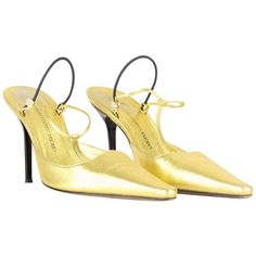 These Italian crafted t-strap slingback pumps come in soft metallic golden leather and feature a pointed toe, crystal embellished straps and a pin-thin black resin stiletto heel. The heel strap is elasticated for a perfect and comfortable fit. They are lined in matching golden leather and have a golden branded insole and a leather sole. Excellent vintage condition. Few tiny marks at exterior (almost not mentionable). Little visible signs of wear to the insoles and minor scuffing at soles. Europe Shoes Ysl, Vintage Shoes Women, Giuseppe Zanotti Heels, Zanotti Shoes, Giuseppe Zanotti Shoes, Fashion Heels, Stiletto Pumps, High Heels Stilettos, Slingback Pump