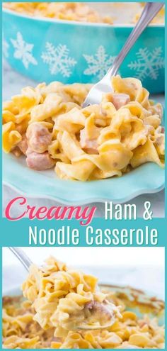 creamy ham and noodle casserole in a blue bowl