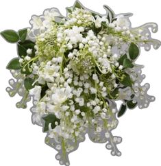 a bouquet of white flowers with green leaves