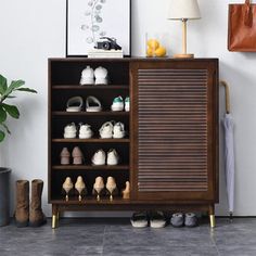 a wooden cabinet with shoes on it in front of a wall and potted plant