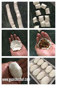 the process of making marshmallows is shown in four different pictures, including one being peeled