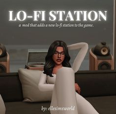 a woman sitting on top of a couch in front of speakers and a sign that says lo - fi station