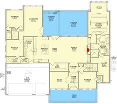 the floor plan for a house with an indoor swimming pool and two separate garages