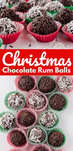 christmas chocolate rum balls with coconut sprinkles in the middle and on top