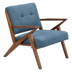 a blue chair with wooden arms and legs