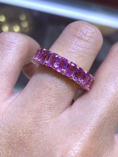 This item is made to order and takes 4-6 Weeks to complete. Material Gemstone: Diamond, Gold Description Up for sale is a beautiful 14K Gold Pink Sapphire Radiant Eternity Band.Radiant Pink Sapphire weight is 7.50 carats.Color Pink SapphireSpecifications:-Model #: DHODPSET-Metal Type: White, Yellow, and Rose Gold-Metal Purity: 14K-Total Diamond Weight: 7.50 Total carats Pink Sapphire-Color: Pink Sapphire-Clarity: SI Brief Overview:-Free Sizing W/ Purchase-14 Day Return Policy-Conflict Free Diamo Pink Wedding Band, Gold Diamond Eternity Band, Pink Sapphire Band, Emerald Eternity Band, Diamond Teeth, Rainbow Sapphires, Sapphire Band, Diamond Eternity Band, Multi Sapphire