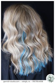 Blue Extensions Hair, Blonde Hair With Blue Highlights, Teal Blue Hair, Blonde And Blue Hair, Blue Hair Extensions, Blue Hair Highlights, Hidden Hair Color, Hair Dye Tips, Fusion Hair Extensions