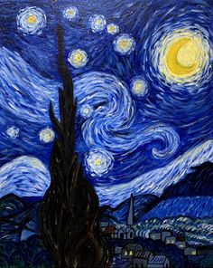 the starry night painting is shown with buildings and trees in the foreground,