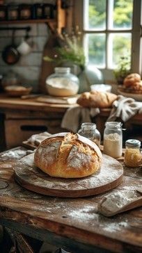 a table topped with bread and butter on top of it's cutting board next to a window