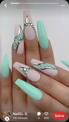 Stiletto Nails Designs Summer, Teal Nail Art, Mint Nails, Teal Nails, Turquoise Nails, Nails Arts, Lovely Nails, Modern Nails, Nails Design With Rhinestones