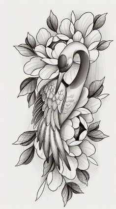 a black and white drawing of a bird with flowers on it's back side