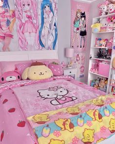 a bed room with a hello kitty comforter and stuffed animals