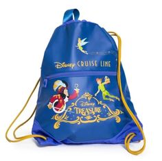 the disney cruise line drawsack bag is blue with yellow trim and features an image of princesses on it