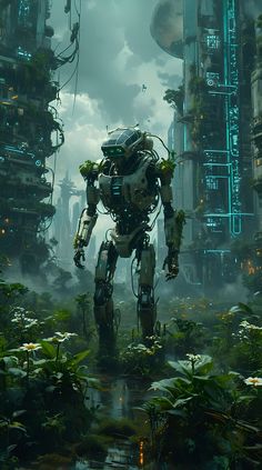 a giant robot standing in the middle of a forest filled with plants and flowers, surrounded by tall buildings